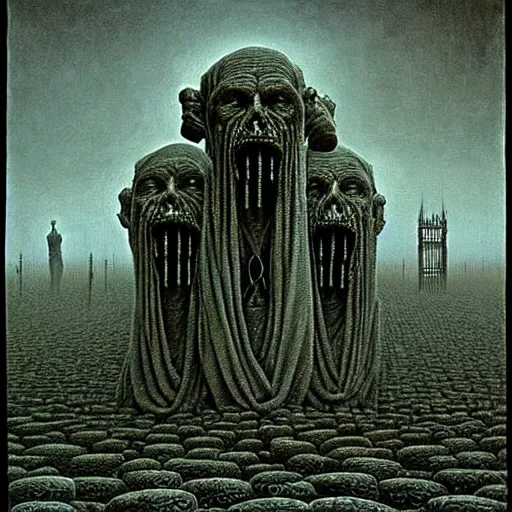 Image similar to highly detailed horror dystopian surreal painting of eerie head statues and buildings by zdzisław beksinski