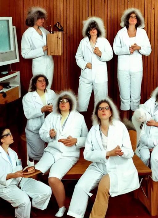 Image similar to realistic photo of a group of female scientists wearing white shorts, faces covered with white paint, watching at a levitating fluffy furry cloud, in a living room laboratory with many wooden gadgets made of wood interior is made of wood 1 9 9 0, life magazine reportage photo, natural colors