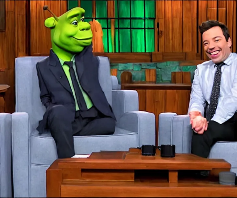 Prompt: still image of jimmy fallon interviewing shrek on the tonight show
