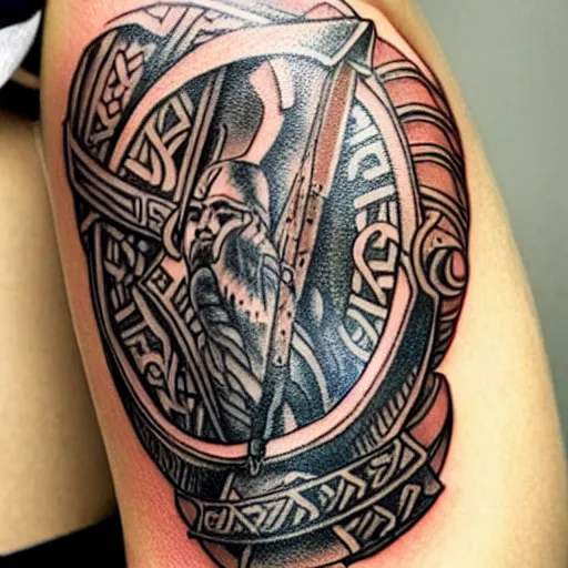 Prompt: simple tattoo of a viking holding a shield by sailor jerry