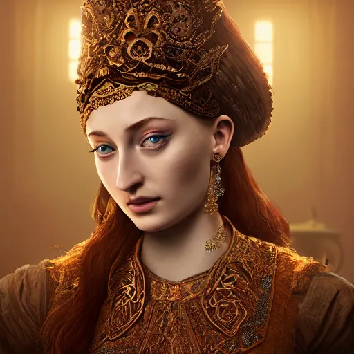 Image similar to sophie turner in javanese victorian clothing, hyper realistic, ambient lighting, concept art, intricate, hyper detailed, smooth, dynamic volumetric lighting, octane, raytrace, cinematic, high quality, high resolution, 4 k, cgsociety, rutkowski, gurney