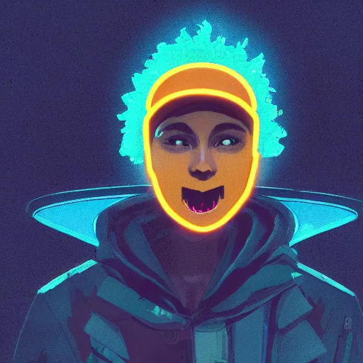 Image similar to in the style of ghostshrimp and deathburger and laurie greasley a young mixed race male explorer wearing a cyberpunk headpiece who is smiling whilst exploring a luminescent field at nighttime, low angle fish eye lens, highly detailed, 8k wallpaper