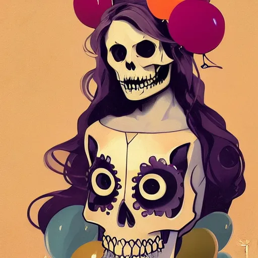 Prompt: a portrait of a girl skull face, with balloons in the style of mucha, charlie bowater, atey ghailan and mike mignola, vibrant colors and hard shadows and strong rim light, comic cover art, trending on artstation