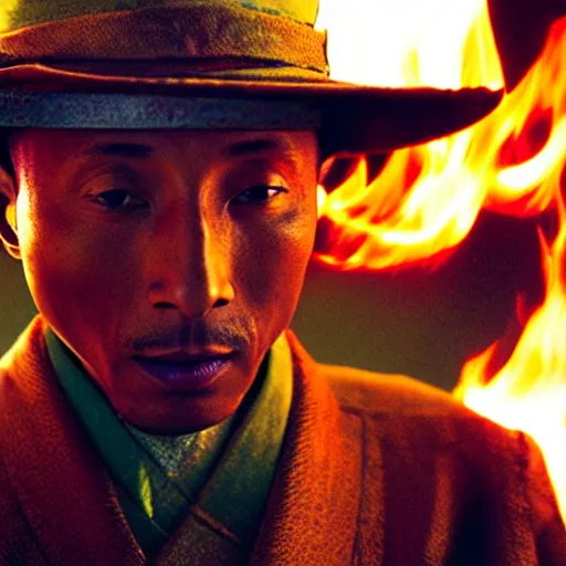 Image similar to cinematic film still Pharrell Williams starring as a Samurai holding fire, Japanese CGI, VFX, 2003, 40mm lens, shallow depth of field,film photography