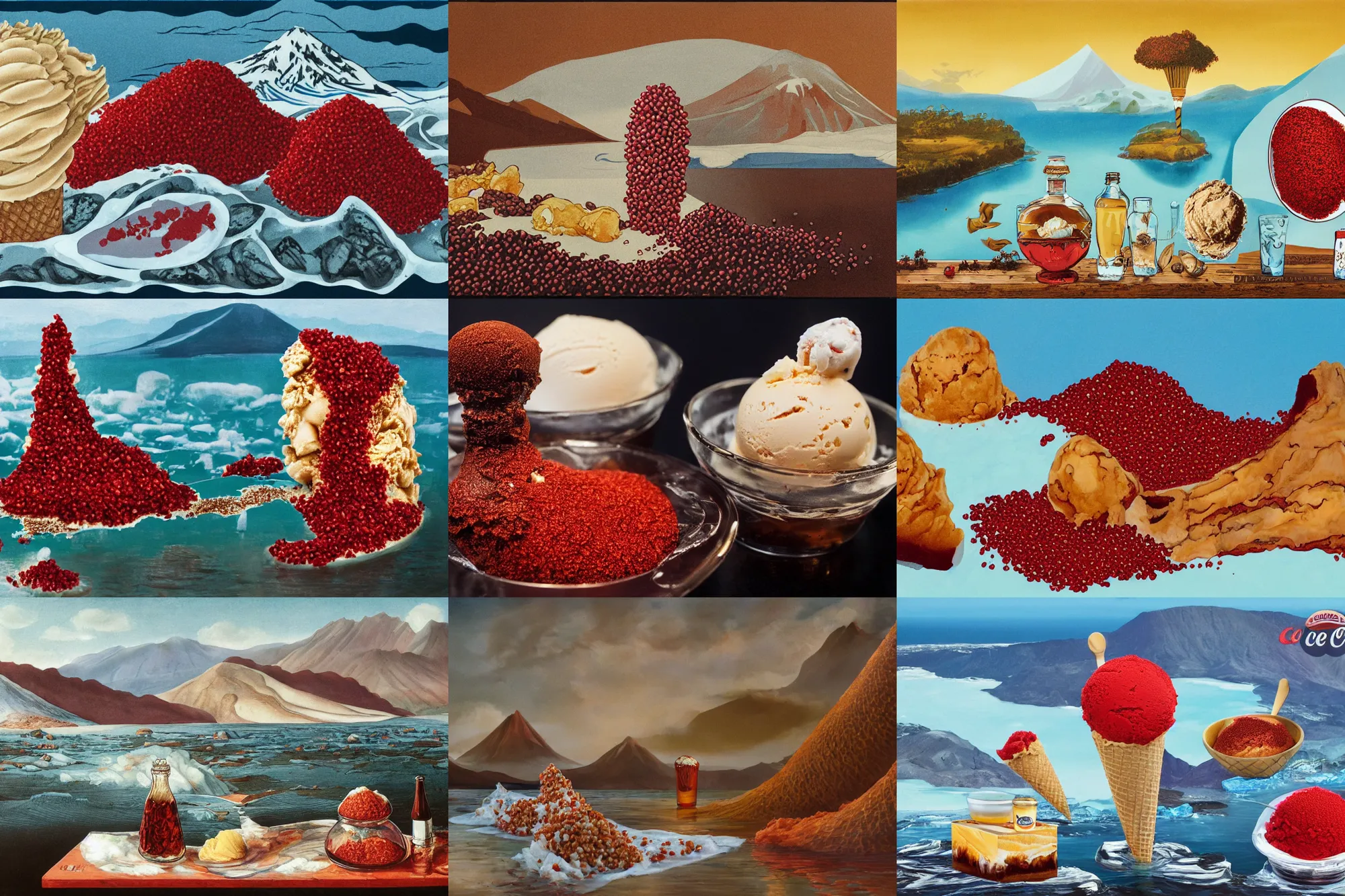 Prompt: a large island of red caviar and ice cream and brown water in the center of which there are mountains with ice cream ( five scoops ice cream cone original oil by suekill ), instead water brown coca cola ( cold brew coffee ), big island, by hans thoma