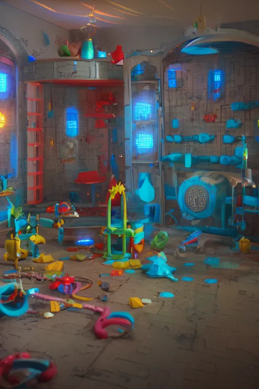 Image similar to render of fisher price dungeon with plastic torture devices, fisher price house plastic walls, cinematography by wes anderson, 4 k octane render, intricate detail, photorealistic, cinematic lighting, artstation