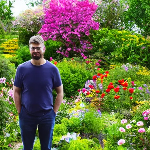 Image similar to a photo of a man standing in a garden surrounded by beautiful flowers