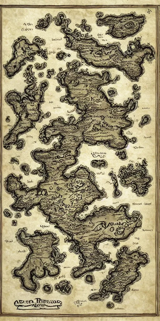 Image similar to fantasy map of an ancient land of Odrua in the Fantasy world of Lute, showing continents archipelagos cities mountains deserts rivers coastlines kingdoms, a central musical land, vast oceans with kraken, in the style of the Vatican Map Room paintings by JRR Tolkien by Brian Froud