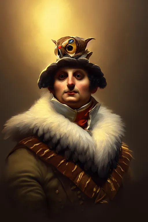 Prompt: portrait of an anthropomorphic owls as napolean bonaparte, dramatic lighting, highly detailed, digital painting, artstation, concept art, smooth, sharp focus, illustration, art by wlop, mars ravelo and greg rutkowski