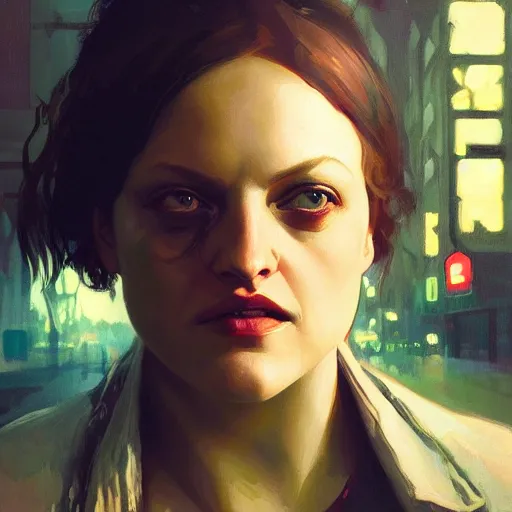 Image similar to elisabeth moss, hyperrealistic portrait, bladerunner street, art of elysium by jeremy mann and alphonse mucha, fantasy art, photo realistic, dynamic lighting, artstation, poster, volumetric lighting, very detailed face, 4 k, award winning