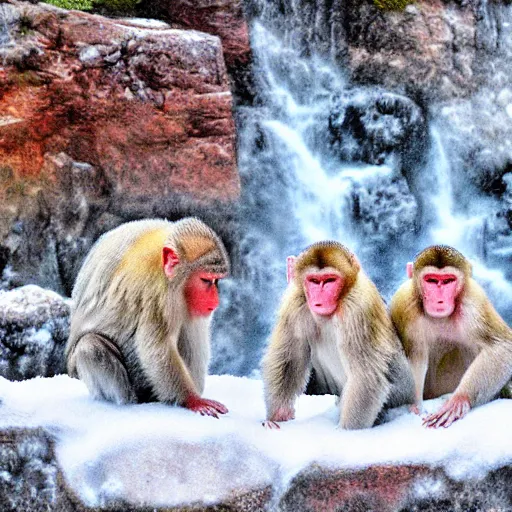 Prompt: snow monkeys at the mountain spa, digital art by Steve Henderson, desaturated color (red)