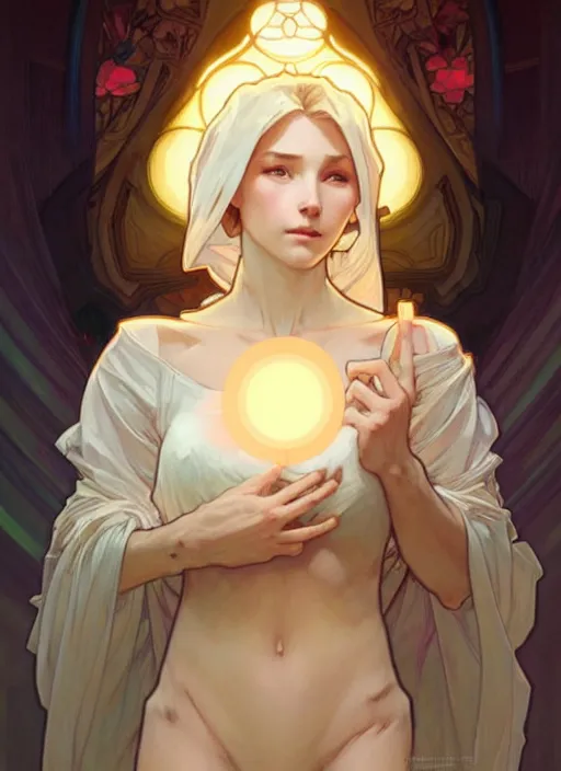 Prompt: digital character concept art by artgerm and greg rutkowski and alphonse mucha. clear portrait of a shy modern wife blessed by god to grow immaculately perfect!! blonde, in clothes! gifted holy body! light effect. hyper detailed, glowing lights!! intricate, elegant, fertility, digital painting, artstation, smooth, sharp focus