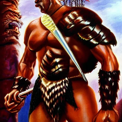 Image similar to Shaquille O'Neal as a fantasy barbarian painted by Boris Vallejo.