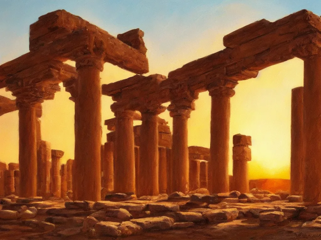 Prompt: trending on artstation, a beautiful Sumerian ruins during sunset, oil on canvas