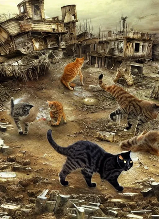 Image similar to cats in a post apocalyptic landscape looking for food