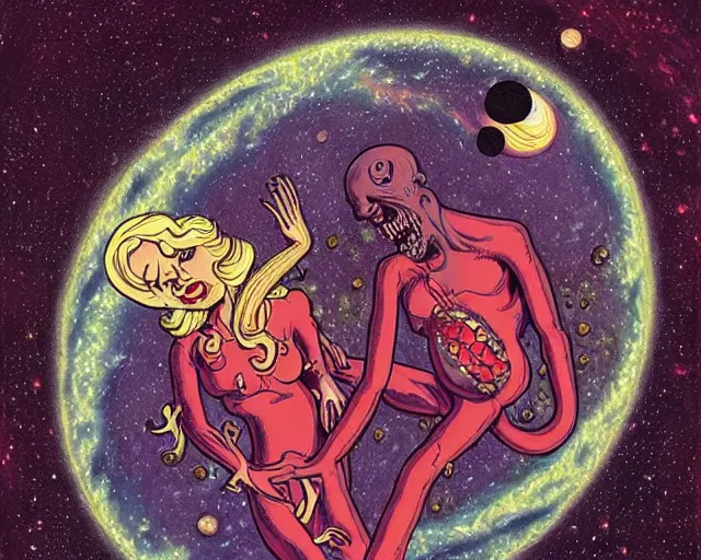 Image similar to the cast of izombie floating in a spiral galaxy, cosmic horror painting, elegant intricate digital painting artstation concept art by basil wolverton by robert crumb by william eggleston detailed