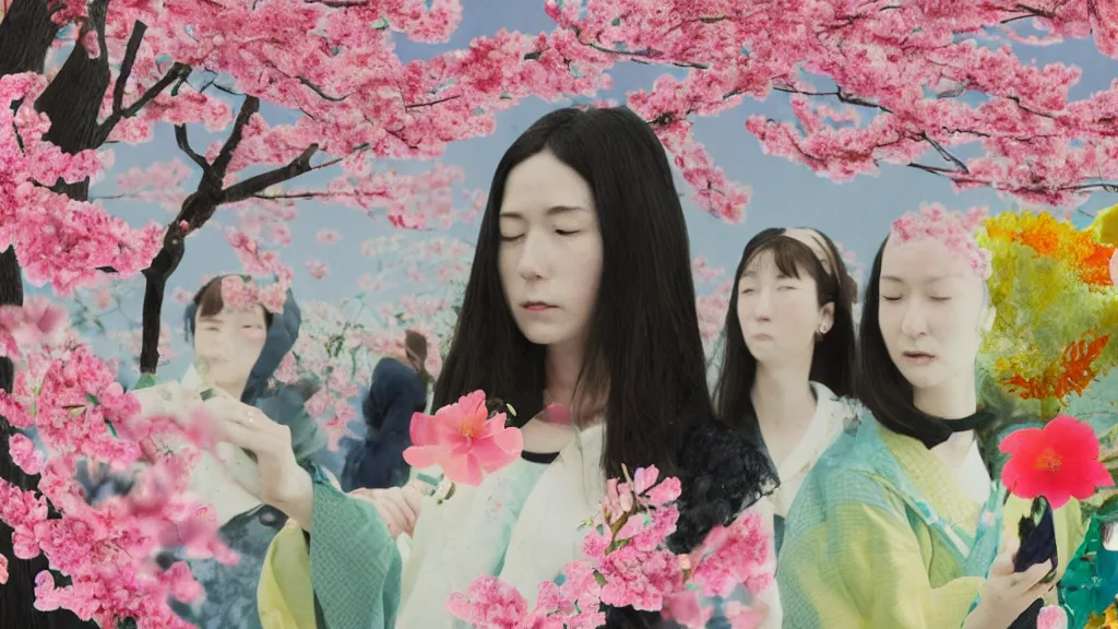 Image similar to close - up, of a woman in a small group of people flower viewing sakura picnic, japan, a collage painting, in the style of wes anderson, lola dupre, david hockney, isolated on negative white space background dark monochrome neon fluorescent spraypaint accents volumetric octane render