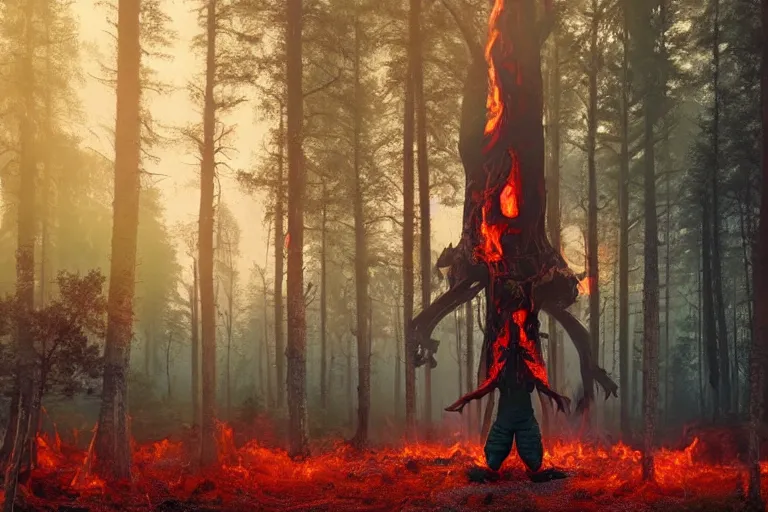 Prompt: fire demon standing in a beautiful swedish forest, highly detailed, hyperrealistic, very sharp focus, intricate, soft lighting, wide shot photograph, digital painting by simon stålenhag