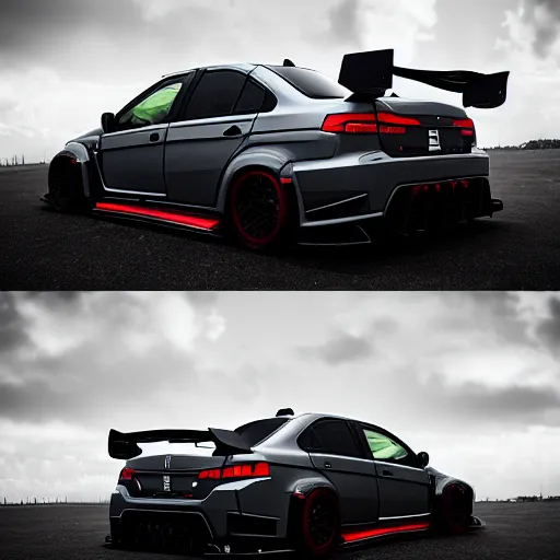 Image similar to mitsubishi lancer evo x grey, black taillights, black spoiler, artstation, khyzyl saleem, sci - fi, 4 k, high detail