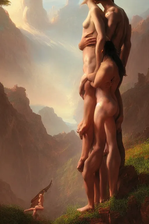 Image similar to young male and female, holding each other hands, by thomas cole and wayne barlowe, bodyshape by kyu yong eom, 8 k, high detail, fantasy art, dnd, artstation,