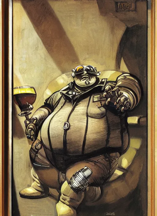 Prompt: head and shoulders portrait of a fat armoured cyborg enjoying himself in a pub, by normal rockwell and greg staples and john singer sargent