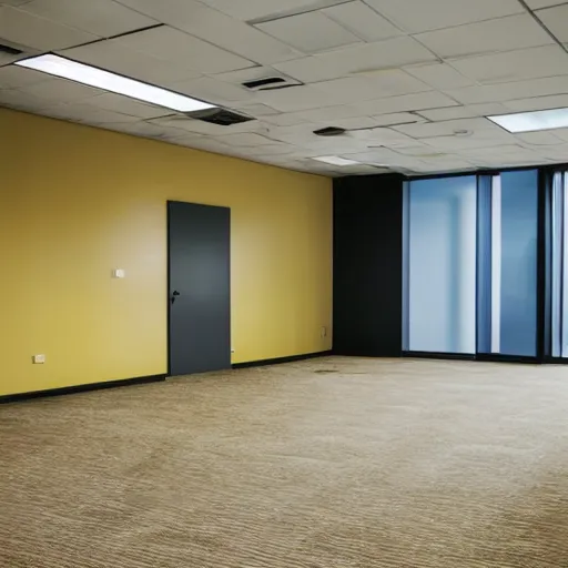 Prompt: empty 9 0 s office building with no windows doors or furniture. the building has brown carpet and yellow wallpaper