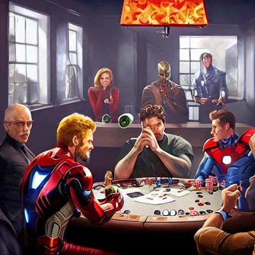 Prompt: hyperrealist portrait of the avengers playing poker, photo realistic, dynamic lighting, artstation, poster, volumetric lighting, very detailed faces, 4 k, award winning