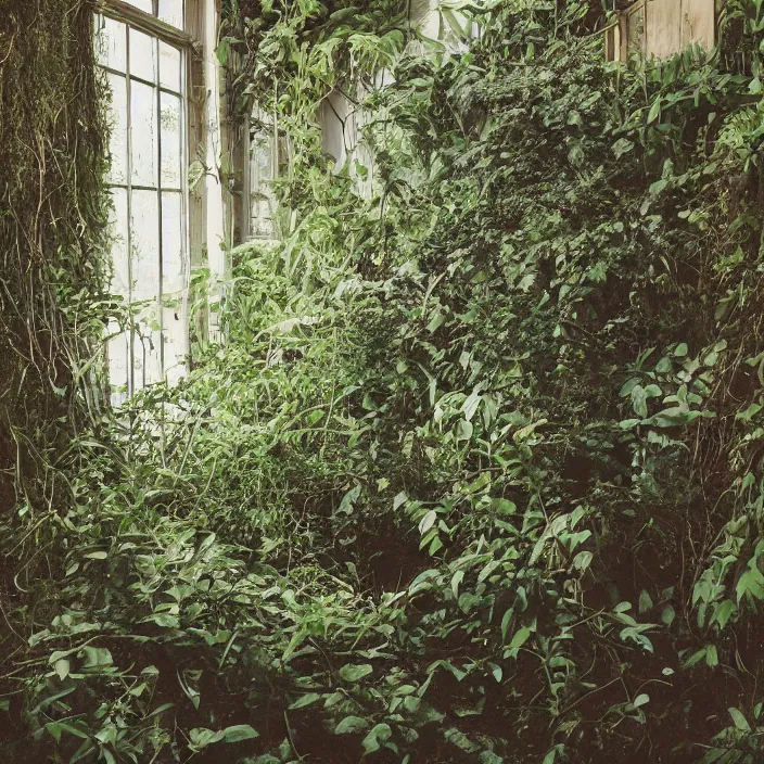 Prompt: overgrown modern home interior, color photograph, canon eos c 3 0 0, ƒ 1. 8, 3 5 mm, 8 k, medium - format print