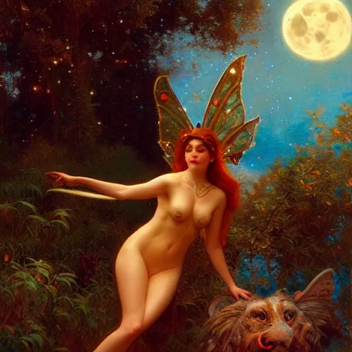 Image similar to attractive fairy magically floating high in the night, fantasy, full moon in background. highly detailed painting by gaston bussiere, craig mullins, j. c. leyendecker, mid shot, 8 k