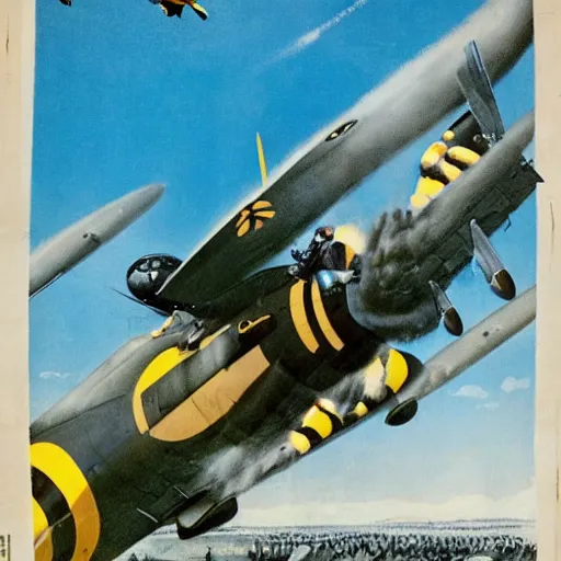 Image similar to a bumblebee painted b 2 9 bomber drops a bomb onto a sleeping soldier, ww 2 propaganda poster, highly detailed, no text