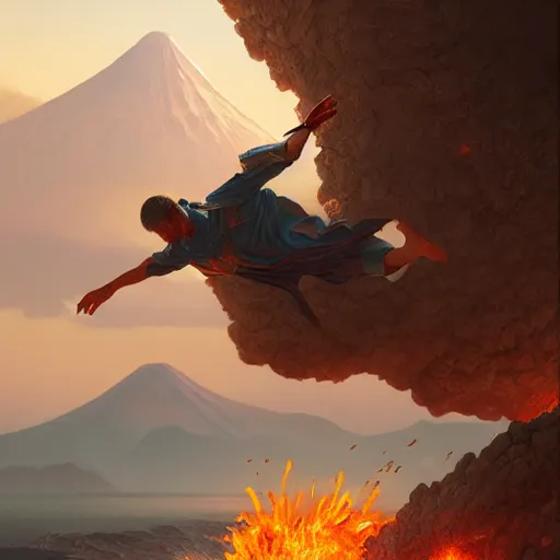 Image similar to ultra realistic illustration of an old fighter throwing his fighter son into a volcano, intricate, elegant, highly detailed, digital painting, artstation, concept art, smooth, sharp focus, illustration, art by artgerm and greg rutkowski and alphonse mucha