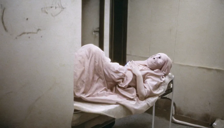Image similar to 60s movie still of a foetus white japanese female phantom bloody in an empty soviet stalinist style hospital with dark walls, cinestill 800t 35mm technicolor, heavy grain, high quality, higly detailed, liminal space