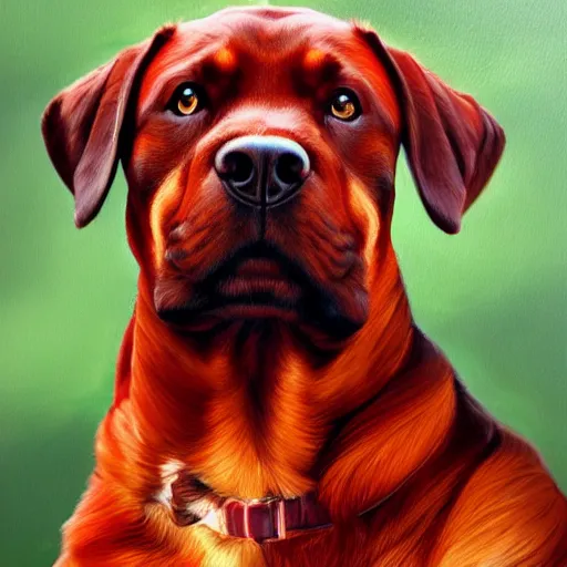 Prompt: red rottweiler, oil painting, artgerm, portrait, highly detailed, artstation