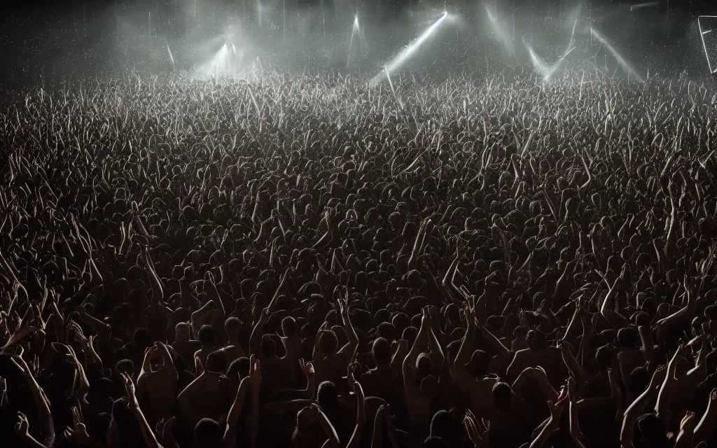 Image similar to photography of a techno party, a giant wave of people with shiny eyes wearing black clothes dancing, gregory crewdson, erwin olaf, epic composition, 4 k,