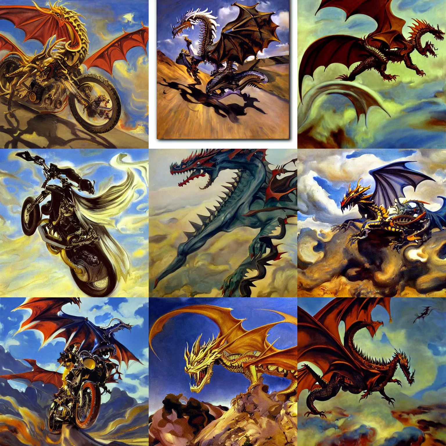 Prompt: motorcycle dragon, john singer sargent, detailed surreal oil on canvas painting, dynamic composition