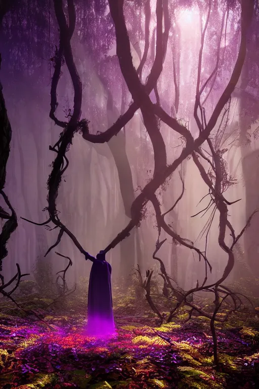 Image similar to a gigantic shaman figure within the purple forest as the sunlight breaks through the trees, neon blue cloak, smoke, smog, roots, mycelium, vines, ultradetailed, volumetric lighting, 4k UHD.