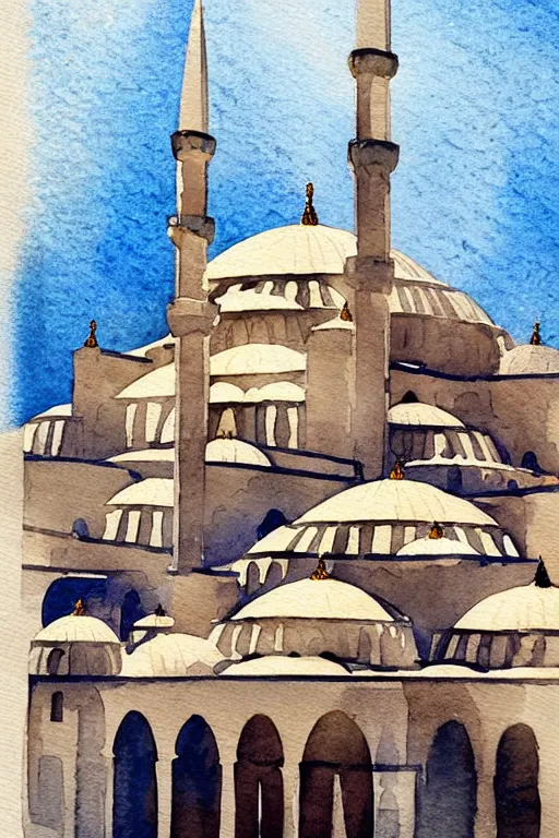 Prompt: a watercolor painting of a mosque in istanbul by fikret mualla saygı, behance, modern european ink painting, photoillustration, storybook illustration, watercolor