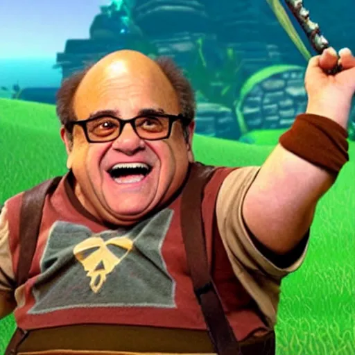 Image similar to a screenshot of Danny DeVito in the role of Link in Ocarina of Time