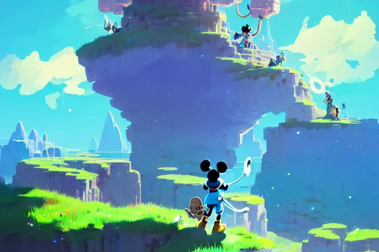 Prompt: concept art, adventurer mickey mouse standing in breath of the wild glowing crystal ore mines. anime styled. bright blue and cyan sky. hyper kawaii cute. by greg rutkowski, in the style of a grand adventure, extremely artistic