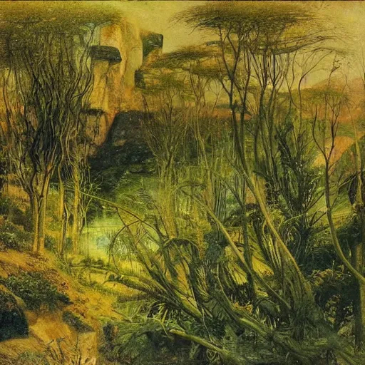 Image similar to painting of a lush natural scene on an alien planet by hans rudolp giger. beautiful landscape. weird vegetation. cliffs and water.