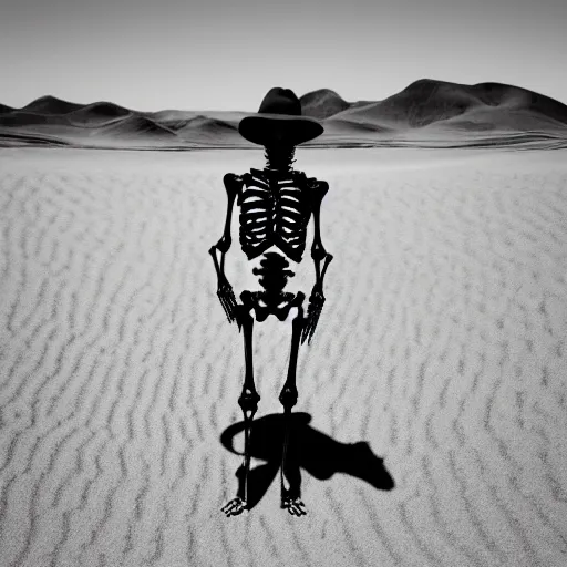 Prompt: skeleton standing in the desert, wearing a hat with a flower on it.