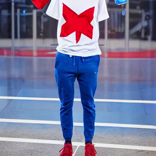 Image similar to a full body shot of an average white, short young - adult man with blue dyed hair holding a microphone, wearing a red backwards cap, white t - shirt with a red no symbol on it, blue long pants and red shoes