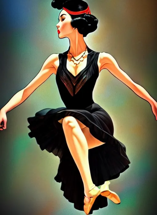 Image similar to a beautiful dancer with black hair in 1940's fashion, ballroom background, intricate, highly detailed, digital painting, artstation, official media, anime key visual, concept art, rich vivid colors, ambient lighting, sharp focus, illustration, art by Artgerm, Makoto Shinkai, Ilya Kuvshinov, Lois Van Baarle, and Rossdraws