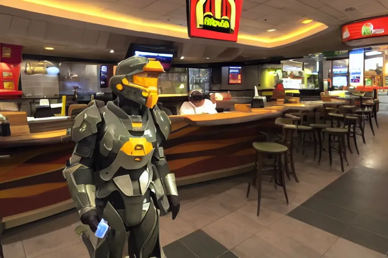 Image similar to master chief in mcdonalds