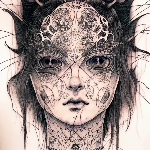 Prompt: prompt: Fragile looking vessel portrait tattooed face character soft light drawn by Vania Zouravliov and Takato Yamamoto, inspired by Fables, magical and alchemical weapons, soft light, white background, intricate detail, intricate ink painting detail, sharp high detail, manga and anime 2000