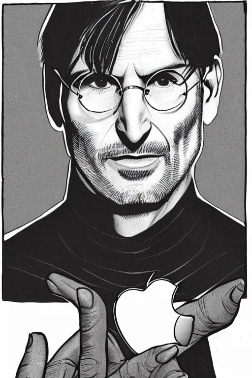 Image similar to Steve Jobs as unmasked Spiderman holding a bitten apple