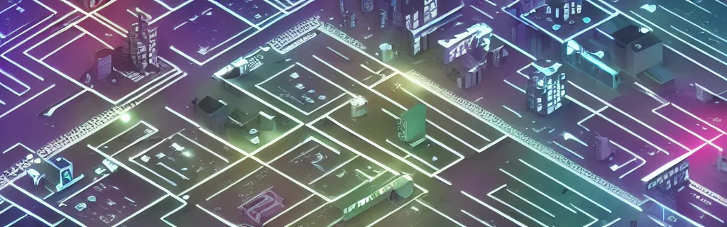 Image similar to a digital matte painting of a complex isometric architecture made of circuit boards and embedded LEDs in a busy modern city, #isometric