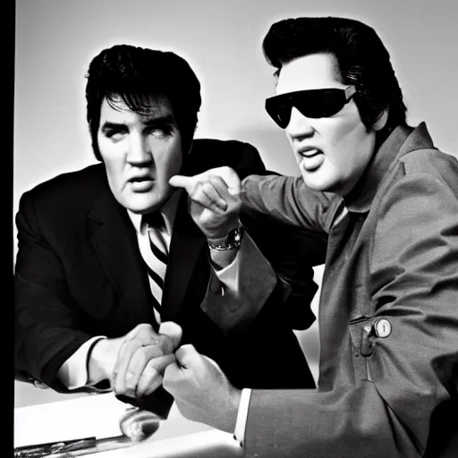 Image similar to an award winning photograph of Richard Nixon and Elvis Presley fighting crime, 70\'s TV show