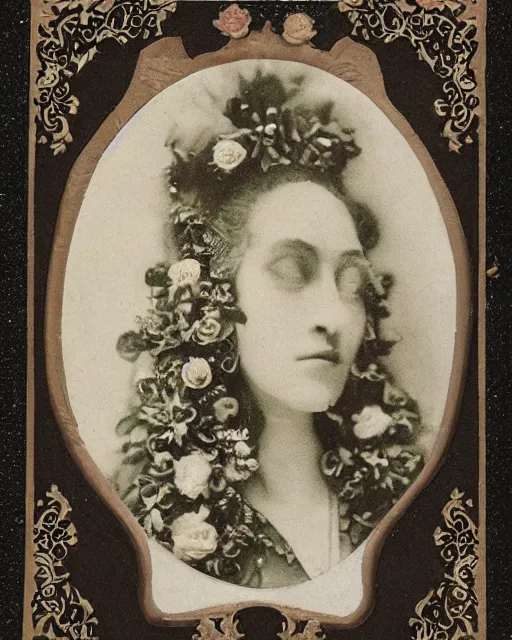 Image similar to a beautiful detailed front view portrait of marge simpson with baroque ornate growing around, flowers, plants, ornamentation, elegant, beautifully soft and dramatic lit, 1 9 1 0 polaroid photo