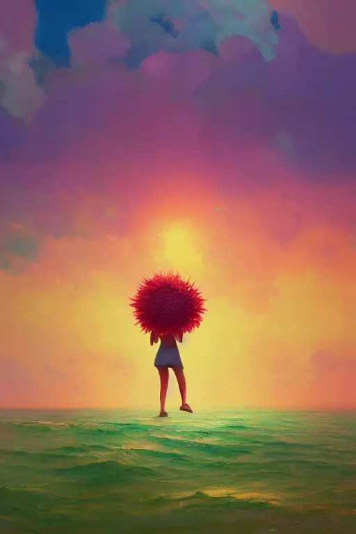 Prompt: giant flower head, girl walking on a beach, surreal photography, sunrise, dramatic light, impressionist painting, colorful clouds, digital painting, artstation, simon stalenhag